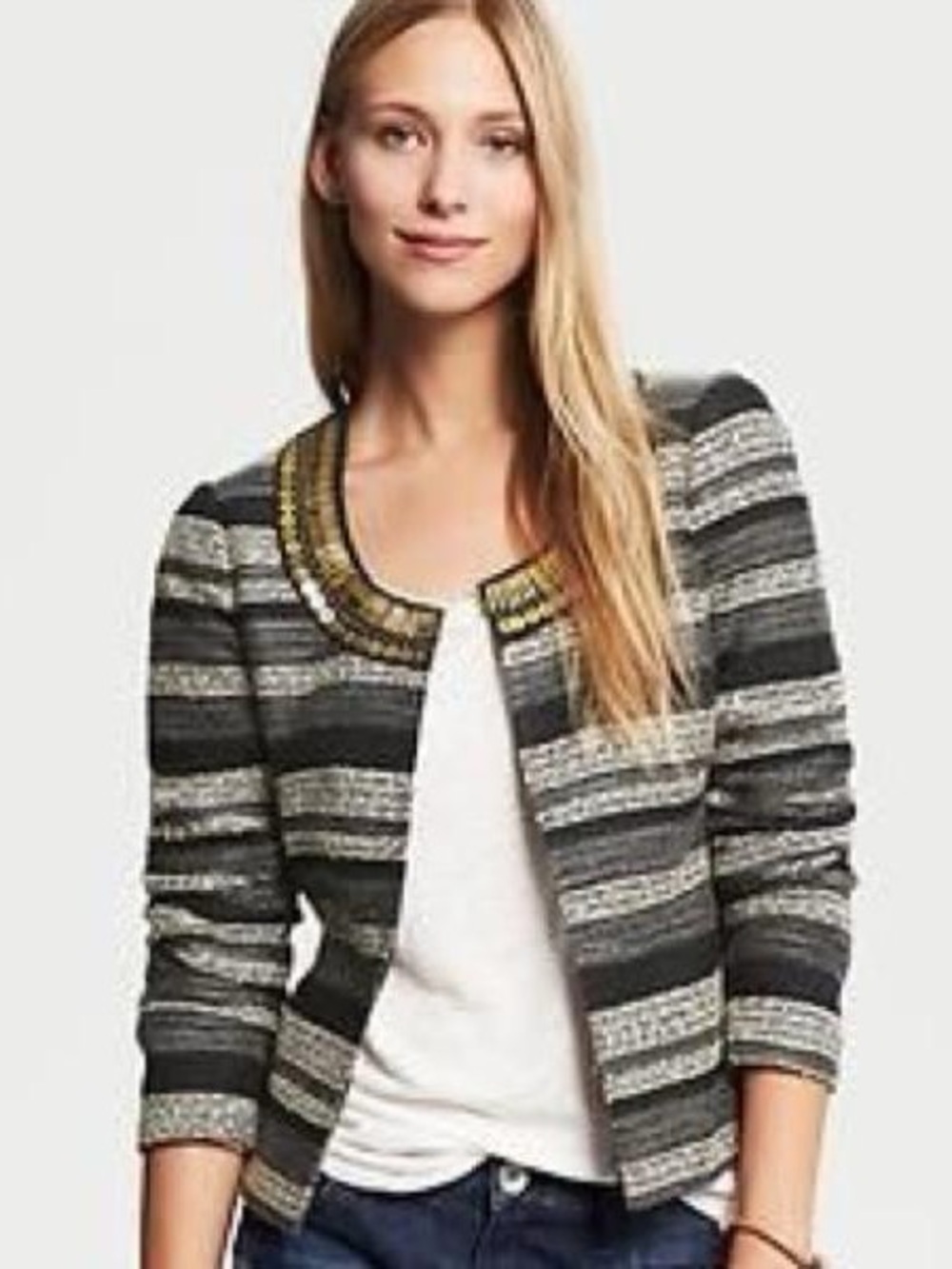 Banana Republic Heritage Black & Gray Striped Cropped Blazer with Gold Trim
